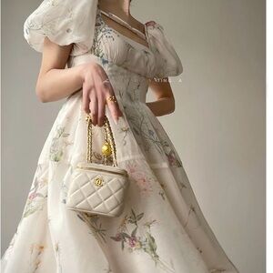 Aconiconi Elegant French Floral Print Square Neck Long Sleeve Dress Size Large